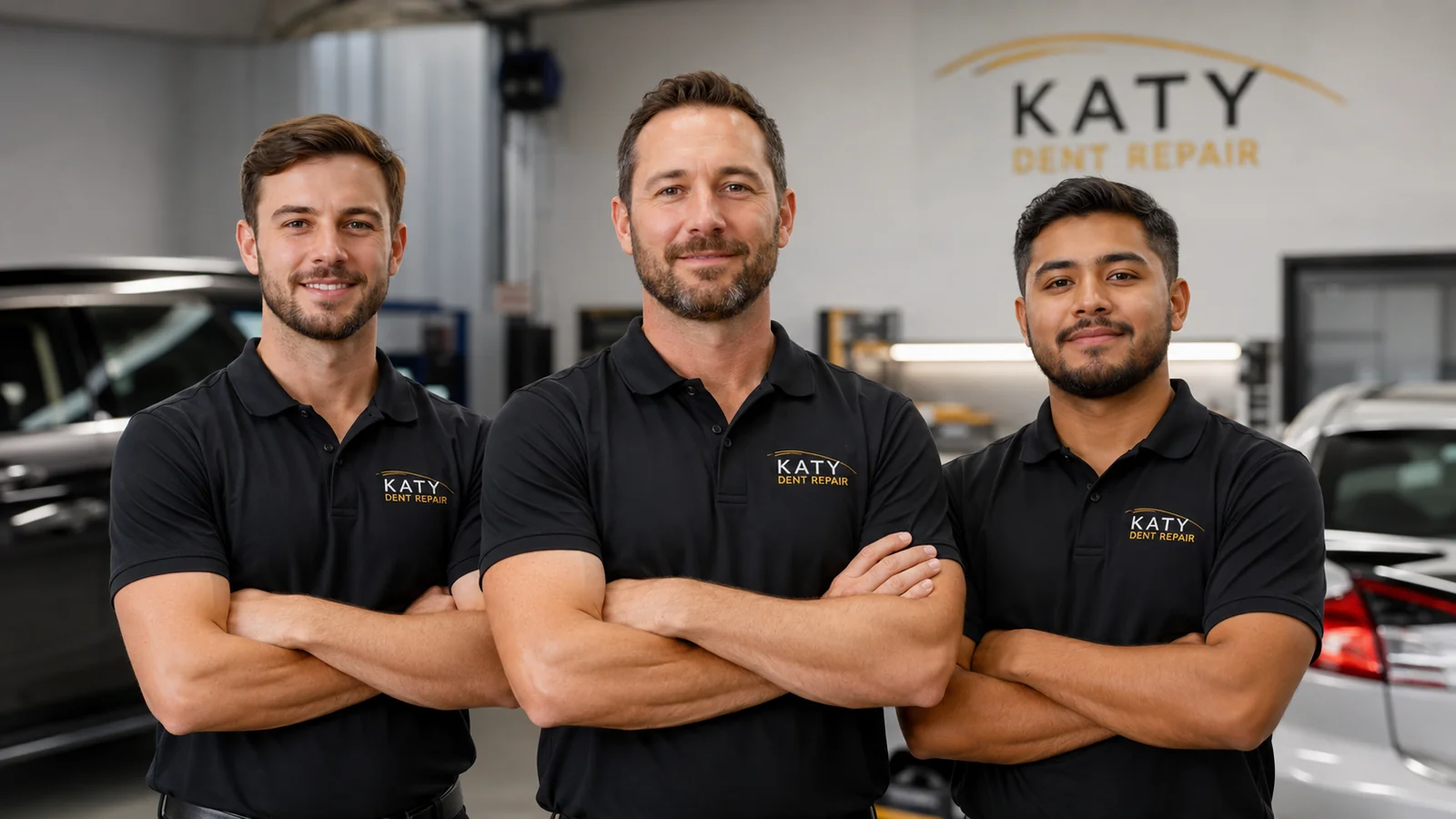 Katy Dent Repair team standing inside the repair shop